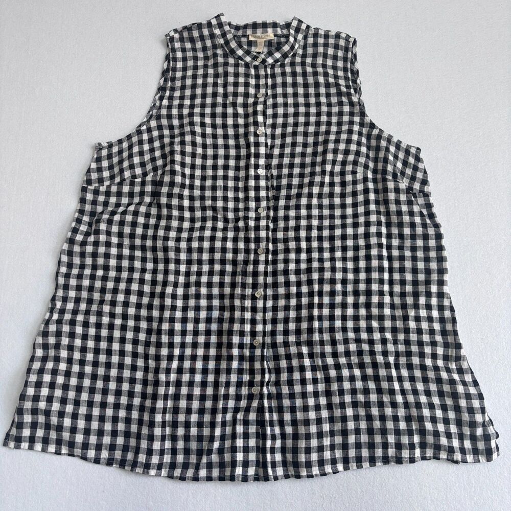 Eileen Fisher Linen Tunic Womens 1X Black White Check Sleeveless Mandarin Collar